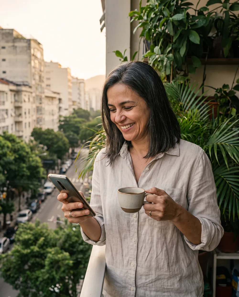 Corretora na varanda pela manhã, sorrindo enquanto lê mensagens no celular, com uma xícara de café